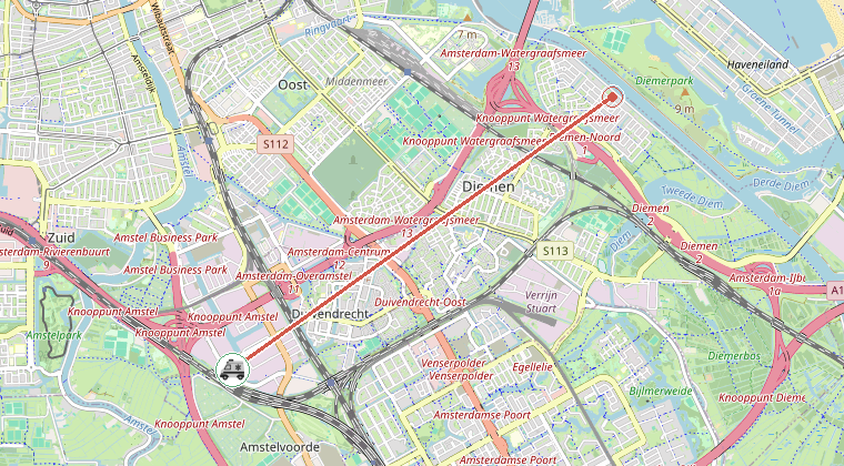Kaart van de omgeving van de melding, met de kazerne die is gealarmeerd