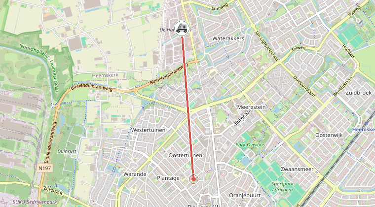 Kaart van de omgeving van de melding, met de kazerne die is gealarmeerd