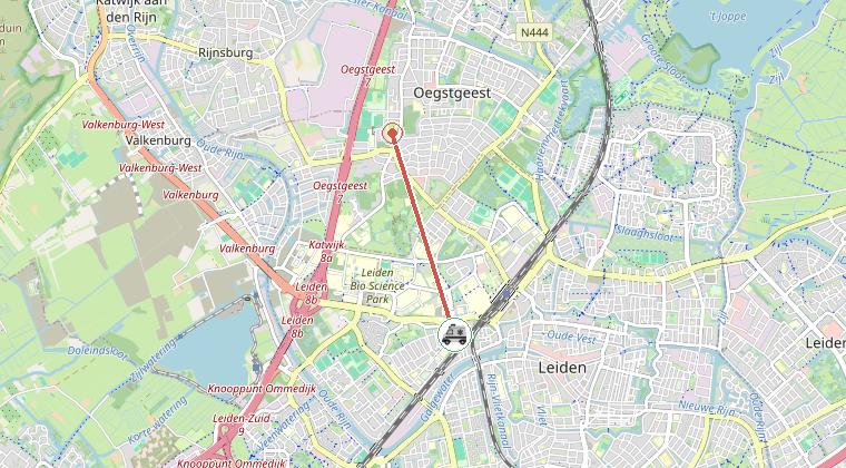 Kaart van de omgeving van de melding, met de kazerne die is gealarmeerd