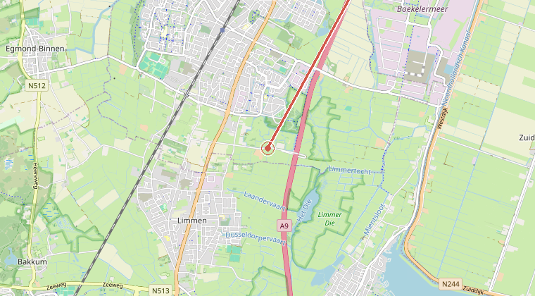 Kaart van de omgeving van de melding, met de kazerne die is gealarmeerd