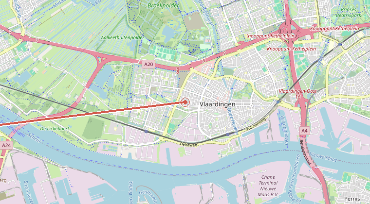 Kaart van de omgeving van de melding, met de kazerne die is gealarmeerd