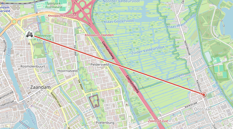 Kaart van de omgeving van de melding, met de kazerne die is gealarmeerd