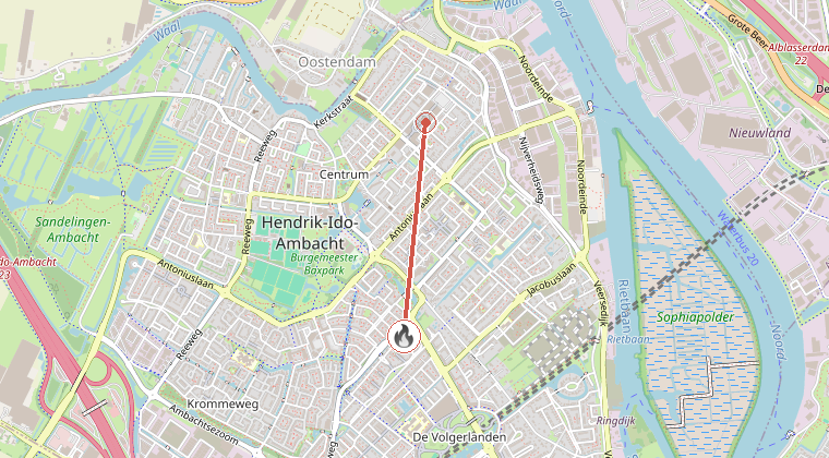 Kaart van de omgeving van de melding, met de kazerne die is gealarmeerd