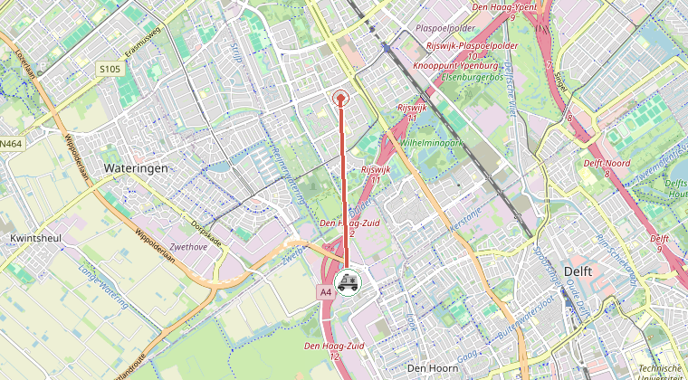 Kaart van de omgeving van de melding, met de kazerne die is gealarmeerd