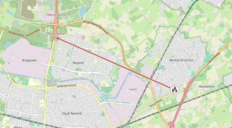 Kaart van de omgeving van de melding, met de kazerne die is gealarmeerd