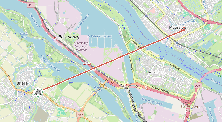 Kaart van de omgeving van de melding, met de kazerne die is gealarmeerd