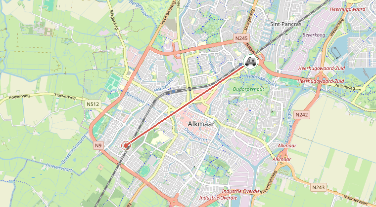 Kaart van de omgeving van de melding, met de kazerne die is gealarmeerd