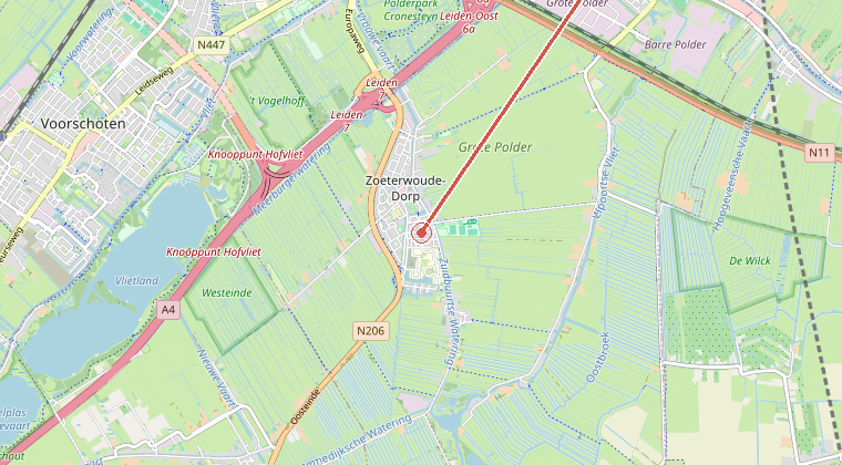 Kaart van de omgeving van de melding, met de kazerne die is gealarmeerd