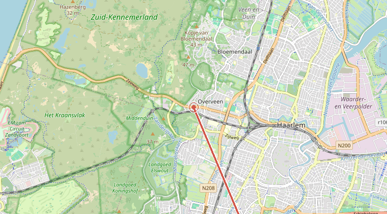 Kaart van de omgeving van de melding, met de kazerne die is gealarmeerd