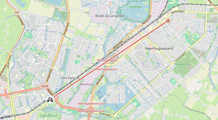 Kaart van de omgeving van de melding, met de kazerne die is gealarmeerd