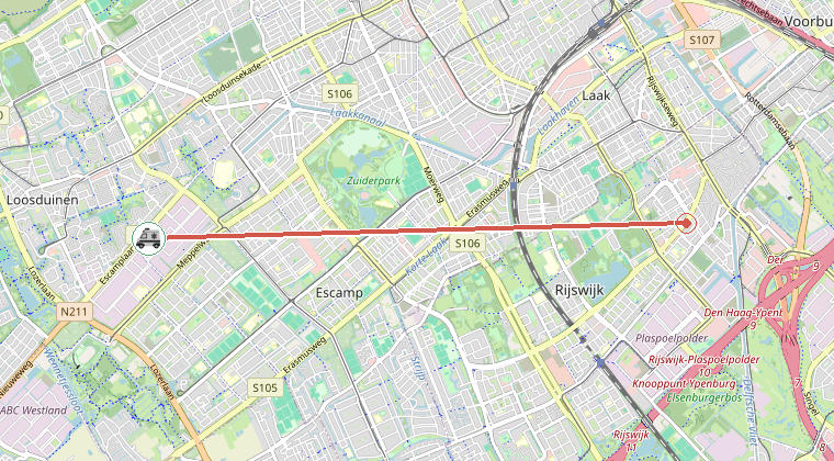 Kaart van de omgeving van de melding, met de kazerne die is gealarmeerd