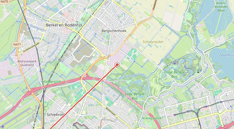 Kaart van de omgeving van de melding, met de kazerne die is gealarmeerd