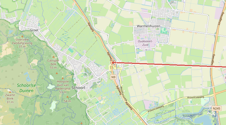 Kaart van de omgeving van de melding, met de kazerne die is gealarmeerd