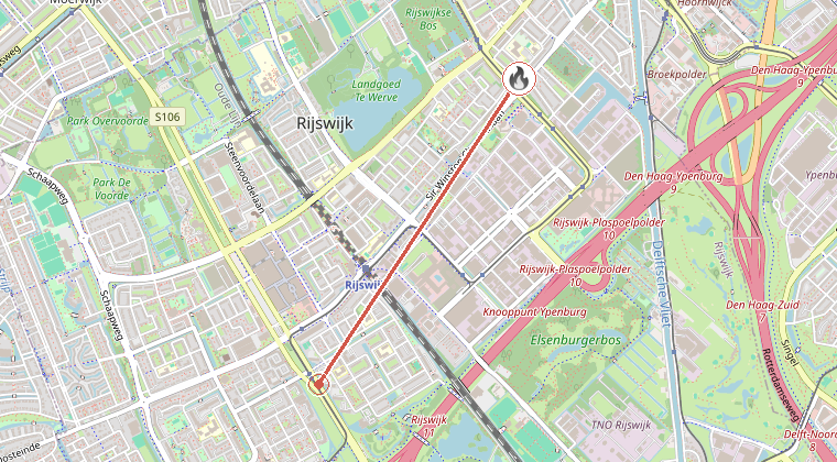 Kaart van de omgeving van de melding, met de kazerne die is gealarmeerd