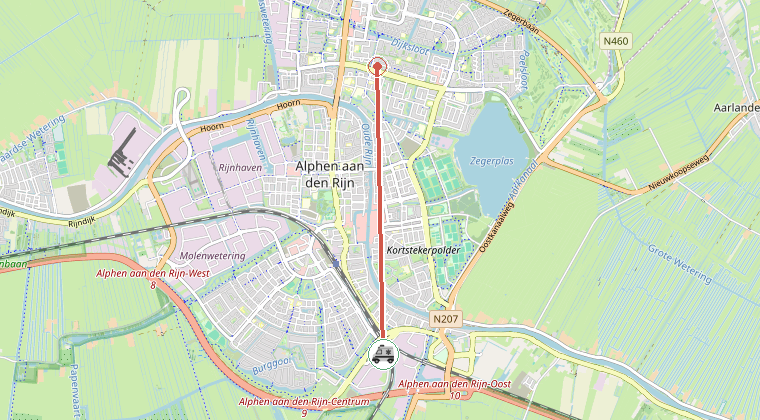 Kaart van de omgeving van de melding, met de kazerne die is gealarmeerd