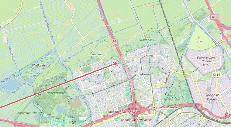 Kaart van de omgeving van de melding, met de kazerne die is gealarmeerd