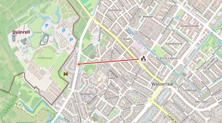 Kaart van de omgeving van de melding, met de kazerne die is gealarmeerd