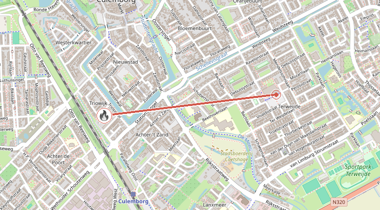 Kaart van de omgeving van de melding, met de kazerne die is gealarmeerd