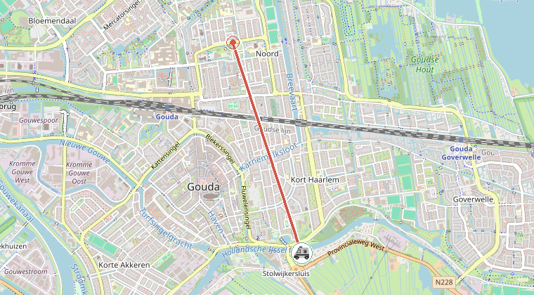 Kaart van de omgeving van de melding, met de kazerne die is gealarmeerd