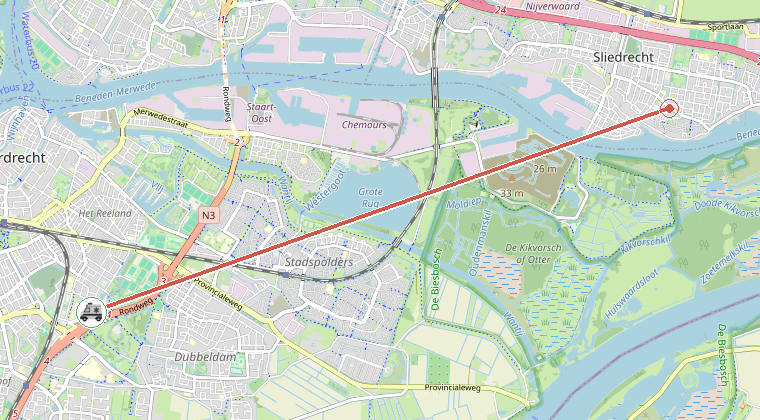 Kaart van de omgeving van de melding, met de kazerne die is gealarmeerd