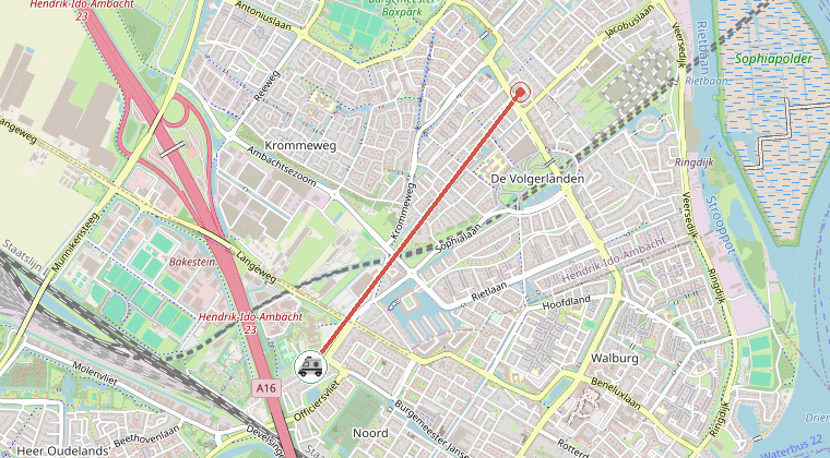 Kaart van de omgeving van de melding, met de kazerne die is gealarmeerd