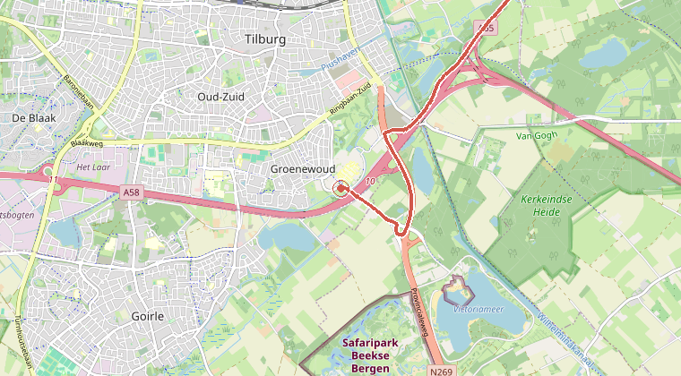 Kaart van de omgeving van de melding, met de kazerne die is gealarmeerd