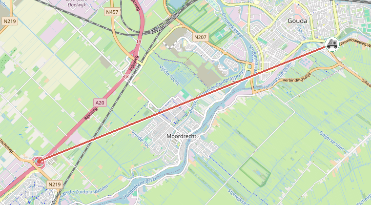 Kaart van de omgeving van de melding, met de kazerne die is gealarmeerd