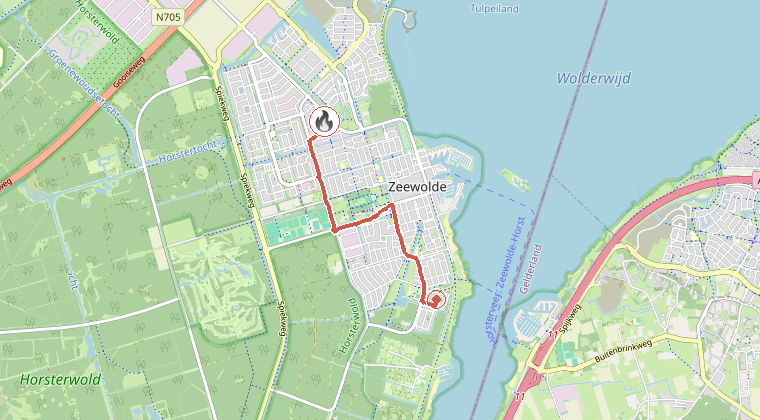 Kaart van de omgeving van de melding, met de kazerne die is gealarmeerd