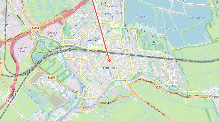 Kaart van de omgeving van de melding, met de kazerne die is gealarmeerd