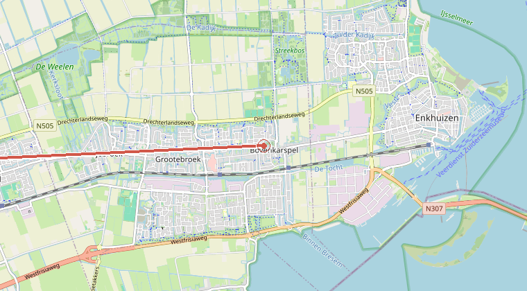 Kaart van de omgeving van de melding, met de kazerne die is gealarmeerd