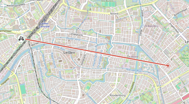 Kaart van de omgeving van de melding, met de kazerne die is gealarmeerd