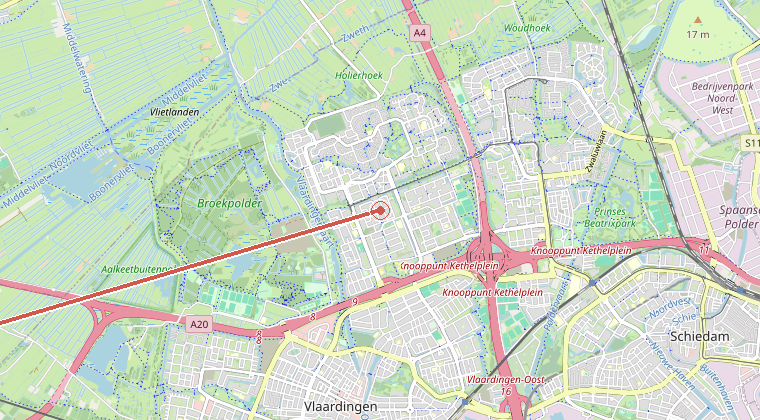 Kaart van de omgeving van de melding, met de kazerne die is gealarmeerd