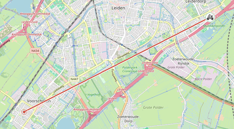 Kaart van de omgeving van de melding, met de kazerne die is gealarmeerd