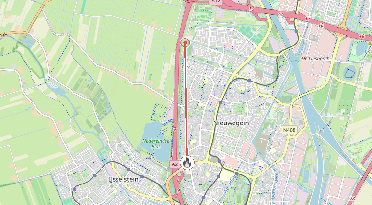 Kaart van de omgeving van de melding, met de kazerne die is gealarmeerd