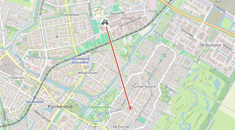 Kaart van de omgeving van de melding, met de kazerne die is gealarmeerd