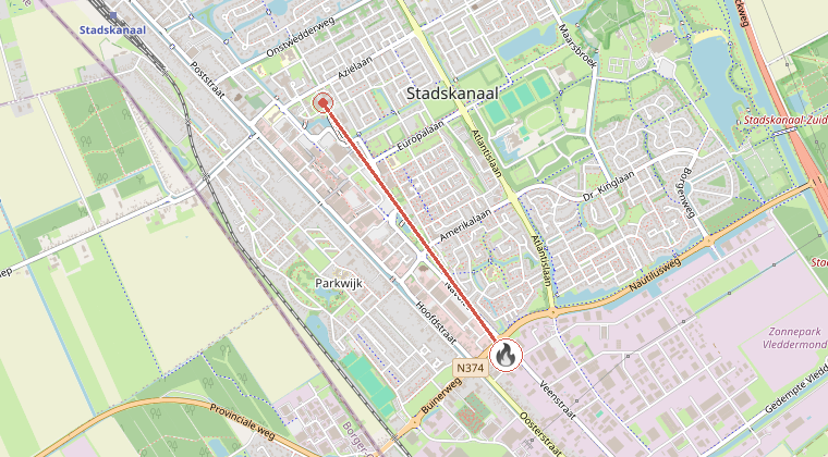 Kaart van de omgeving van de melding, met de kazerne die is gealarmeerd