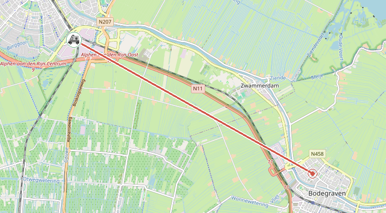 Kaart van de omgeving van de melding, met de kazerne die is gealarmeerd