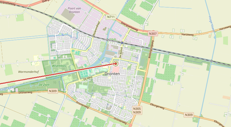 Kaart van de omgeving van de melding, met de kazerne die is gealarmeerd