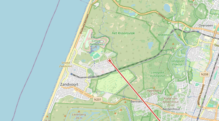 Kaart van de omgeving van de melding, met de kazerne die is gealarmeerd