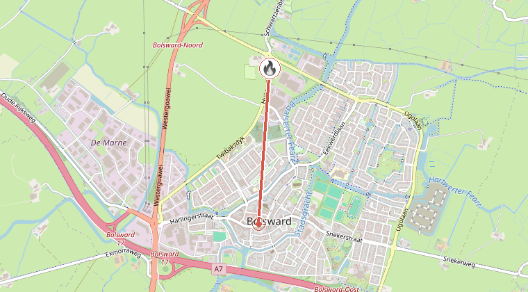 Kaart van de omgeving van de melding, met de kazerne die is gealarmeerd