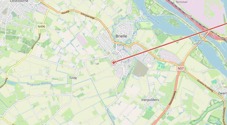 Kaart van de omgeving van de melding, met de kazerne die is gealarmeerd
