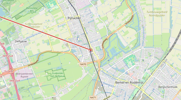 Kaart van de omgeving van de melding, met de kazerne die is gealarmeerd