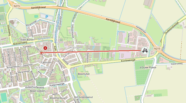Kaart van de omgeving van de melding, met de kazerne die is gealarmeerd