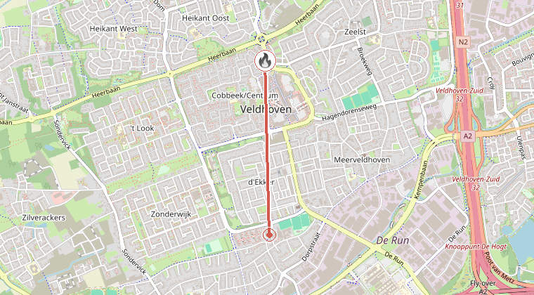 Kaart van de omgeving van de melding, met de kazerne die is gealarmeerd