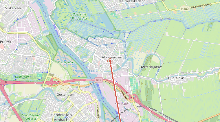 Kaart van de omgeving van de melding, met de kazerne die is gealarmeerd
