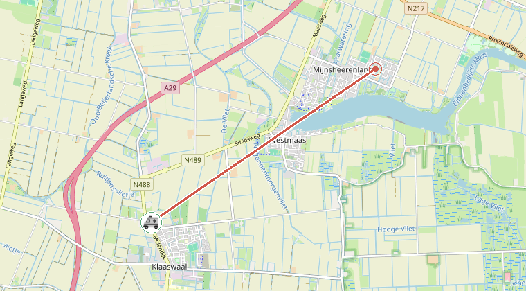Kaart van de omgeving van de melding, met de kazerne die is gealarmeerd