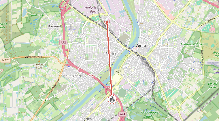 Kaart van de omgeving van de melding, met de kazerne die is gealarmeerd