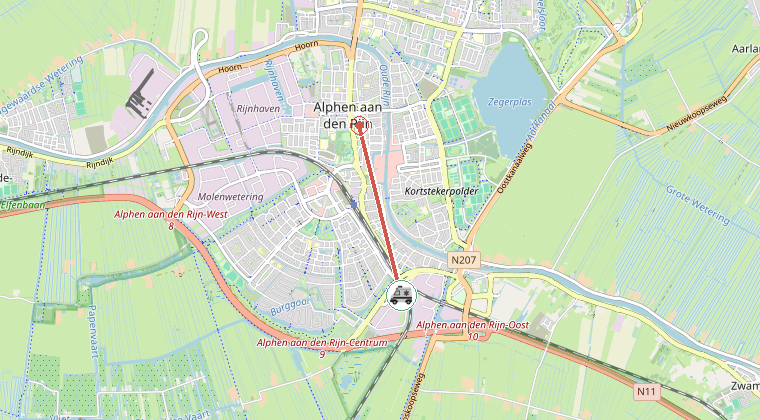 Kaart van de omgeving van de melding, met de kazerne die is gealarmeerd