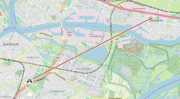 Kaart van de omgeving van de melding, met de kazerne die is gealarmeerd