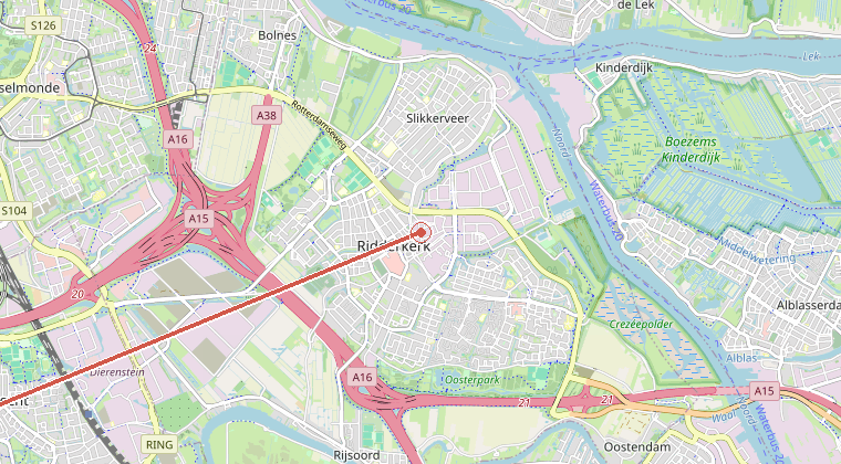 Kaart van de omgeving van de melding, met de kazerne die is gealarmeerd